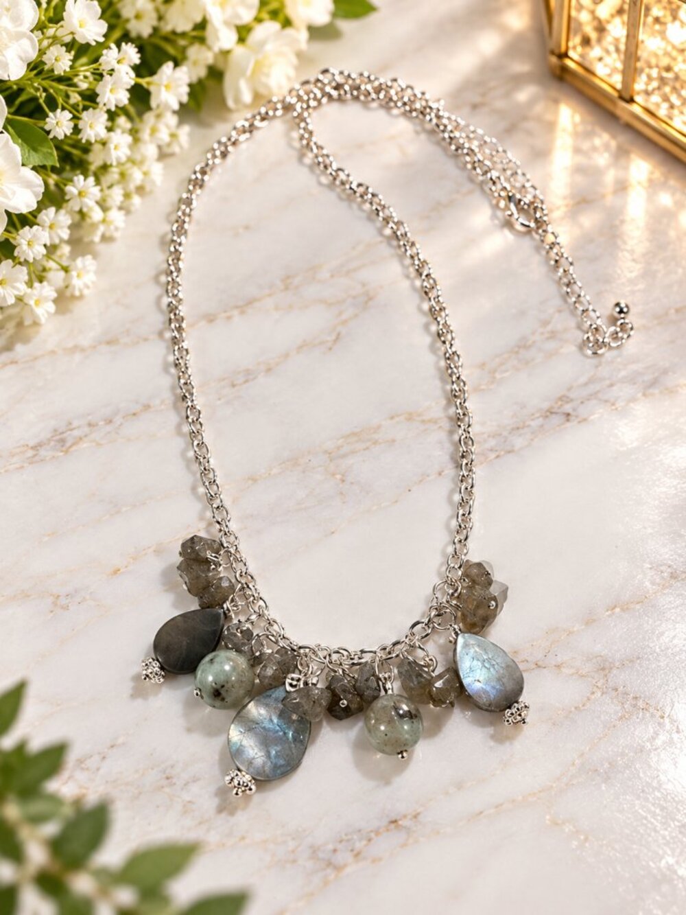 Labradorite Style Gray Blue Gemstone Charm Necklace Silver Tone Fashion Jewelry